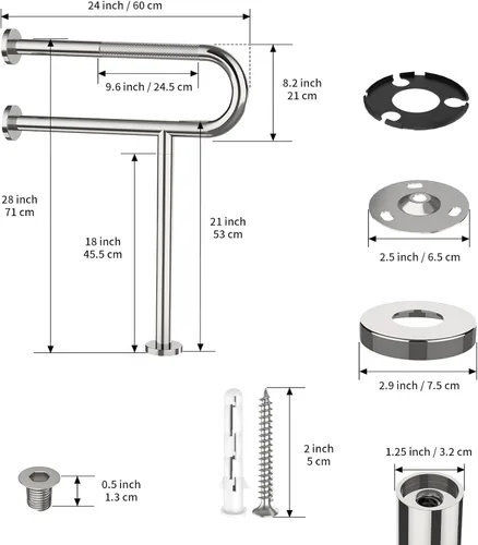 Miniatura 2 de Riel de Soporte para Inodoro de 23.4 x 28 Pulgadas, Munzong Barra de Agarre Cromada Antideslizante para Personas con Discapacidad para Baño, Cromo