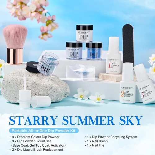 Miniatura 4 de AZUREBEAUTY Kit de polvo de inmersión para uñas, color blanco y azul marino con purpurina, 4 colores, polvo de inmersión acrílico, juego líquido