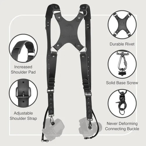 Miniatura 5 de Leather Dual Camera Harness Strap for Photographers,Adjustable Shoulder Crossbody Padded Harness for DSLR SLR Negro