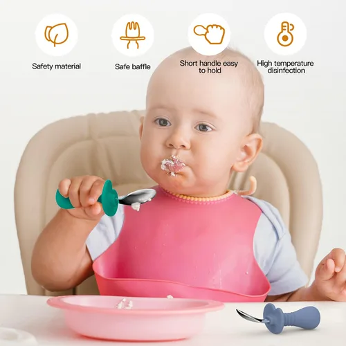 Miniatura 2 de 2 cucharas para bebé, cucharas para niños pequeños para autoalimentarse, cucharas para niños con mango redondo de silicona, utensilios de acero