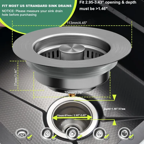 Miniatura 6 de Colador de drenaje para fregadero de cocina 3 en 1, tapón de fregadero desplegable de acero inoxidable 304, tapón antiobstrucción para fregadero