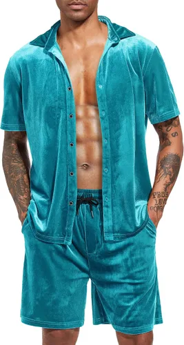 Miniatura 31 de LecGee Conjunto de pantalones cortos casuales de verano para hombre, camisa de terciopelo de manga corta con botones, pantalones cortos de cintura