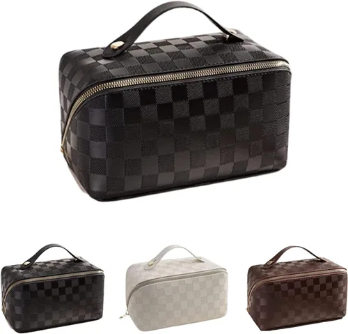 Bolsas de cosméticos de viaje de gran capacidad para mujeres, bolsa de maquillaje a cuadros, organizador de maquillaje de viaje, bolsas de