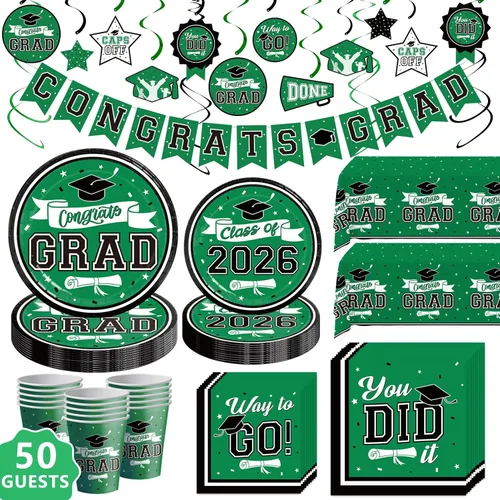 DAZONGE Decoraciones de graduación 2026, color verde, 265 piezas de decoraciones de fiesta de graduación para 50 invitados, juego de vajilla