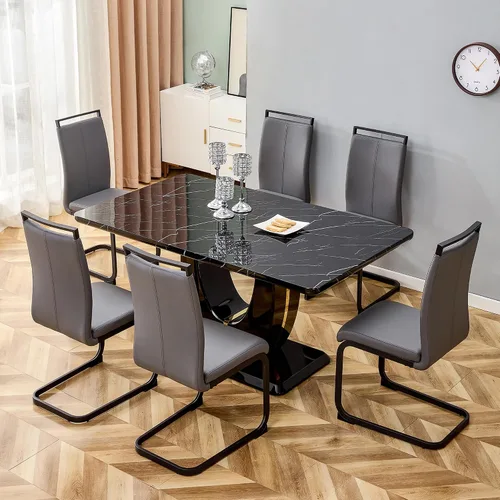 Miniatura 23 de Juego de 6 sillas de mesa de comedor para 6, juego de 6, moderno juego de comedor con mesa de comedor de mármol de 63 pulgadas, sillas tapizadas