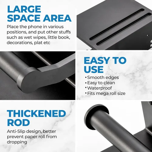 Miniatura 4 de Portarrollos de papel higiénico con estante, aluminio negro resistente a la oxidación con estante de almacenamiento para teléfono móvil para baño