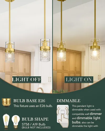 Miniatura 8 de LMS Paquete de 2 Luces Colgantes Modernas, Luz Colgante Dorada Cepillada para Isla de Cocina con Vidrio Martillado, Lámparas Colgantes Ajustables