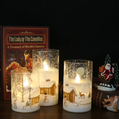 Miniatura 7 de Velas de muñeco de nieve de vidrio sin llama con pilas, control remoto y temporizador, cera real, LED, parpadeantes, pilar de velas blancas, luz