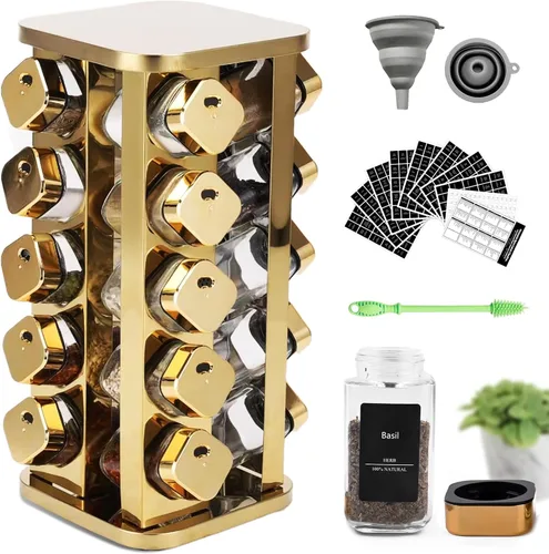 Estante de especias de acero inoxidable para cocina con 20 latas de vidrio de grado alimenticio, soporte vertical giratorio con etiqueta de especias