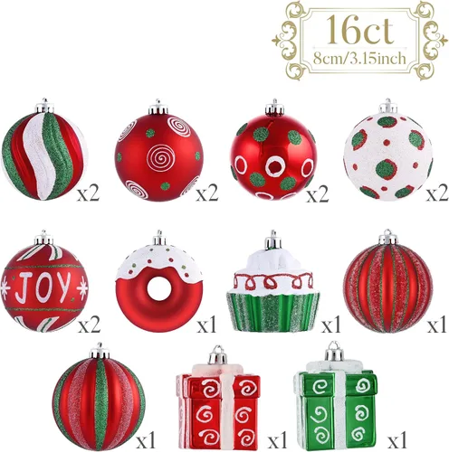 Miniatura 3 de Valery Madelyn Juego de adornos para árbol de Navidad, 16 unidades de bastón de caramelo rojo, verde y blanco, inastillables, decoración de árbol