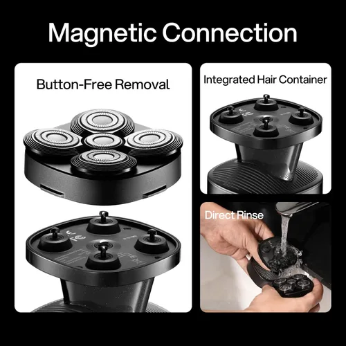 Miniatura 5 de yoose Maquinilla de afeitar eléctrica IPX7 para hombres calvos, diseño ergonómico, USB-C, uso de 90 minutos, 5 cabezales de corte flotantes, control