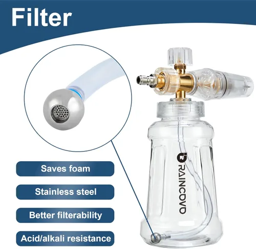 Miniatura 9 de Raincovo Cañón de espuma para lavadora a presión, cañón de espuma Snow Clear para lavado de autos, filtro de acero inoxidable, boquilla ajustable