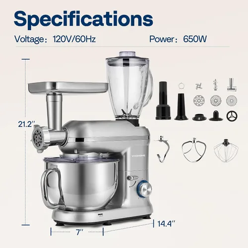 Miniatura 7 de VIVOHOME - Batidora de mesa 3 en 1, eléctrica, con cabezal inclinable para cocina, de 6 cuartos de galón, con tazón, mezclador de alimentos Plateado
