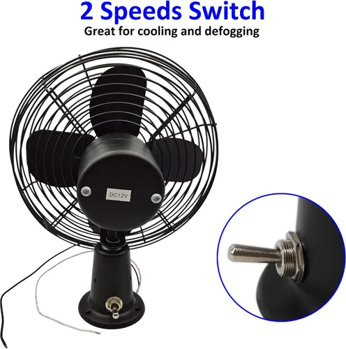 Miniatura 5 de Ventilador de metal resistente de 12 V, aspas de ventilador de 8 pulgadas con acabado negro e interruptor de 2 velocidades, ventilador eléctrico