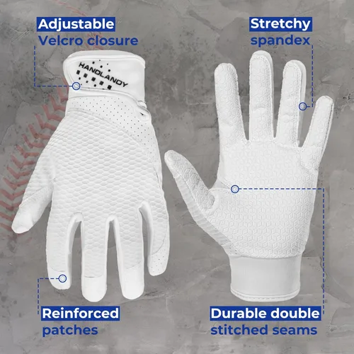 Miniatura 6 de HANDLANDY Guantes de bateo de béisbol para adultos y jóvenes, guantes de bateo de sóftbol con agarre transpirable para hombres, niños y niñas Blanco