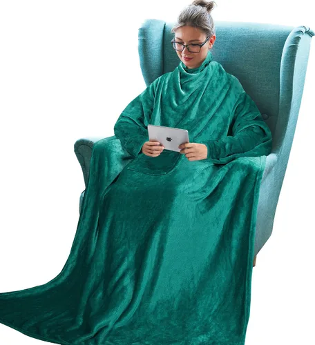 Miniatura 16 de Tirrinia Manta de Forro Polar Vestible con Capucha y Mangas para Adultos Mujeres y Hombres, Súper Suave Cómoda de Felpa Funcional Manta de TV Throw