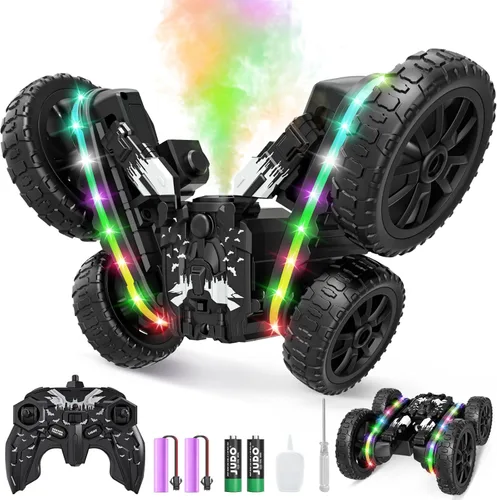 Jimdella - Autos RC, juguetes de autos RC, transformador de control remoto 2-en-1 4WD con spray y luces LED, camión de acrobacias todoterreno de
