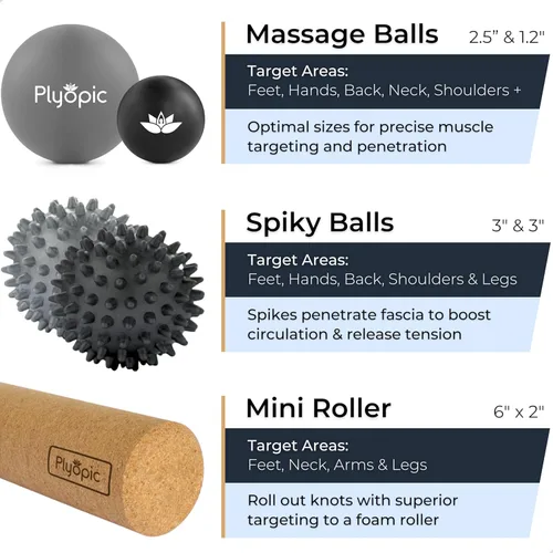 Miniatura 5 de Juego de bolas de masaje – Kit completo de 5 piezas: Spiky, Lacrosse y mini bolas de precisión + rodillo – Fascitis plantar, arco del pie y alivio