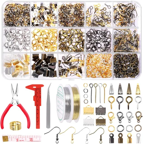 Miniatura 10 de Swpeet Kit de suministros para hacer joyas, 1617 piezas con 40 estilos, cuentas y dijes de 6 colores, alicates, alambres, pinzas y abridor de anillos