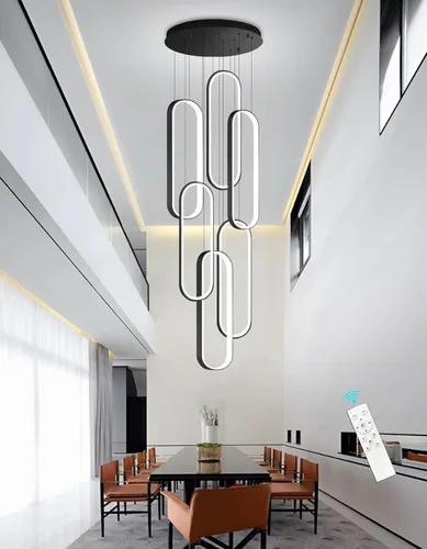 Miniatura 22 de Candelabros LED modernos para entrada de vestíbulo, techo alto, lámparas de escalera largas, regulables, montaje empotrado, alto recibidor, Negro