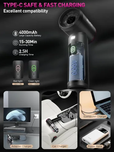 Miniatura 7 de Mini Aspiradora de Coche Portátil Inalámbrica con Luz LED, 15000PA de Succión Potente, 80W de Alta Potencia, Vaciado con un Clic, Filtro Hepa Dual