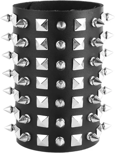 Miniatura 2 de HZMAN Pulsera de cuero con correa ancha unisex con tachuelas de metal negro
