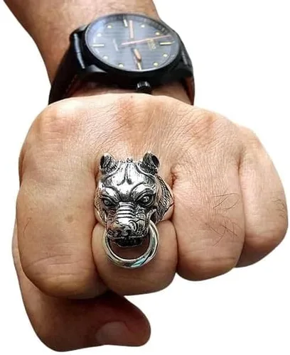 Miniatura 5 de Bikerringshop Anillo de cabeza de perro Pitbull de plata de ley