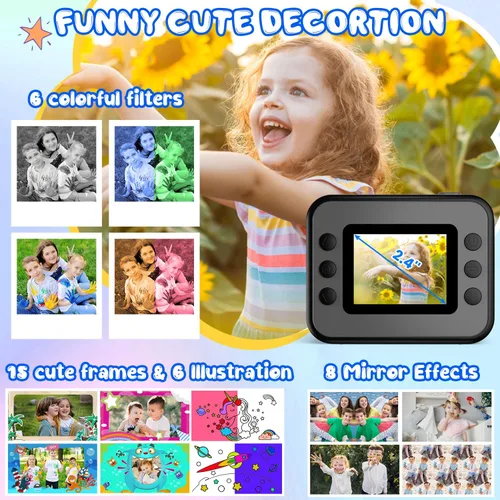 Miniatura 4 de Impresión instantánea de cámara para niños, regalos de cumpleaños de Navidad para niñas y niños, cámara digital de video HD 1080P, juguete para Negro