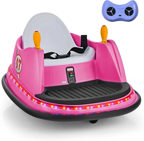 HONEY JOY Coche de parachoques para niños pequeños de 12 V, funciona con batería, joysticks duales, luz LED intermitente y giro de 360 grados, Rosa