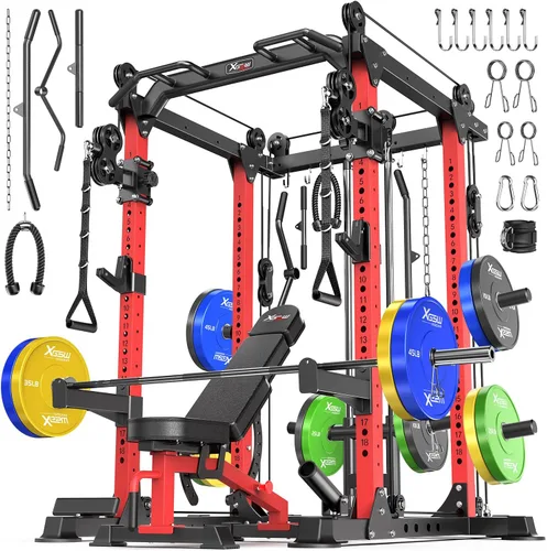 Miniatura 22 de Power Rack Power Cage Rack multifunción para sentadillas con sistema cruzado de cable seleccionable más accesorio de entrenamiento para garaje