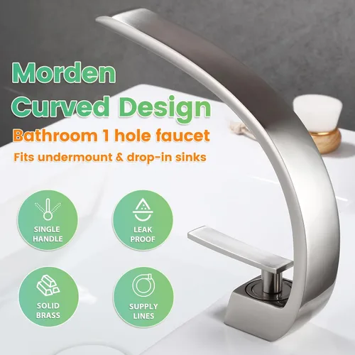 Miniatura 2 de Grifo de lavabo de baño moderno de un solo orificio de 1 manija, grifos de latón macizo de níquel cepillado, grifo mezclador de montaje curvado