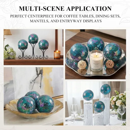 Miniatura 6 de DomeStar Juego de 3 bolas decorativas de 4 pulgadas de turquesa para cuencos, bolas de vidrio para centros de mesa, esfera de mosaico para Multicolor