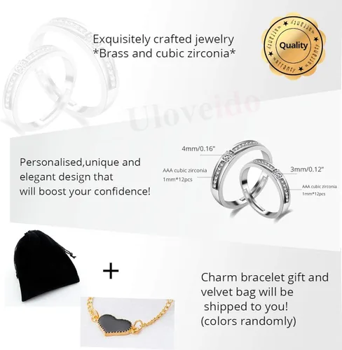 Miniatura 7 de Uloveido - Juego de 2 anillos de compromiso ajustables para él y ella con diseño de corazón a juego, regalo de boda para parejas LB018