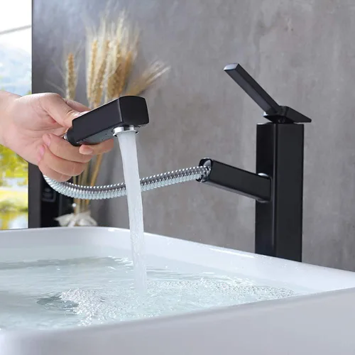 KAIYING Grifo extraíble hacia abajo para fregadero tipo vessel de baño, grifo de lavabo de un solo orificio con rociador extraíble, grifo mezclador