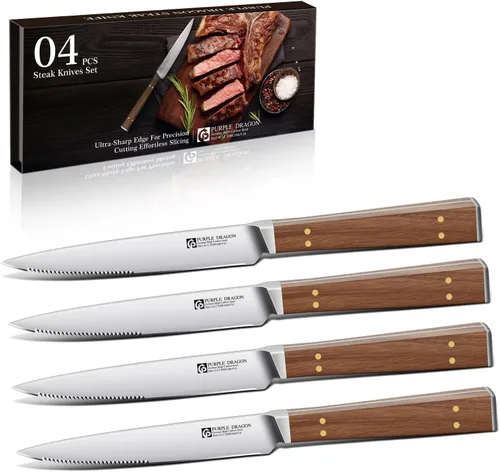 Juego de 4 cuchillos de carne serrados de Purple Dragon de acero alemán de alto carbono con mango cuadrado de madera - Corte sin esfuerzo - Regalo