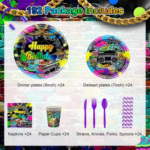 Miniatura 2 de Avezano Juego de 192 piezas de vajilla de fiesta de los años 80 para cumpleaños de los años 80, suministros de decoración de mesa retro de los 80