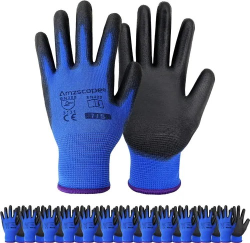 Guantes de trabajo con revestimiento de poliuretano, 12 pares, guantes de jardín finos para hombres y mujeres, ideales para trabajo ligero