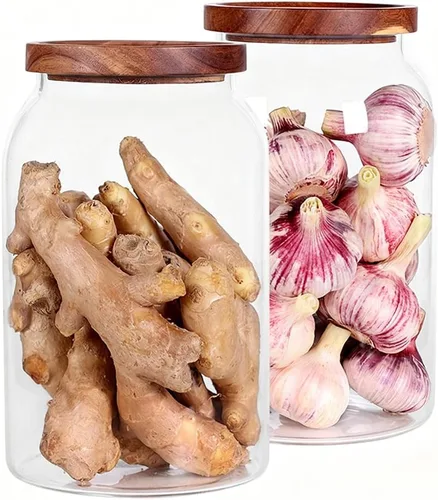 SAIOOL Tarro de vidrio de 1 galón con tapa hermética de acacia de madera, juego de 2 tarros grandes de almacenamiento de vidrio, tarros