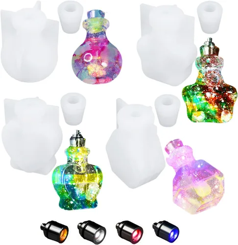 4 moldes de silicona para botella agitadora, contenedor de botellas de arena movediza y tapón, moldes de resina UV, mini botella de resina epoxi con