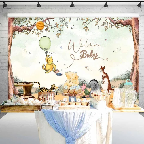 Miniatura 2 de Welcome Baby Pooh Bear - Telón de fondo clásico verde para baby shower, decoración de fiesta de cumpleaños de recién nacido, 7 x 5 pies, 166