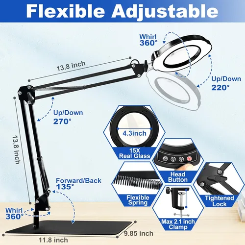 Miniatura 2 de Lupa de 15X con luz y abrazadera, lámpara de escritorio con lupa iluminada, lámpara LED con luz y abrazadera, 5 modos de color, 10 brillos