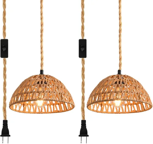 Miniatura 12 de 1 paquete de lámparas de granja para montaje en techo, mini lámpara de techo de ratán bohemio semiempotrada, accesorios de luz de pasillo tejidos a