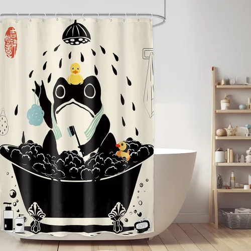 Miniatura 21 de Cortina de Ducha Divertida de Rana Juego de Baño 48 Pulgadas de Ancho x 71 Pulgadas de Alto Lindo Animal Retro Tomando Ducha Patito de Goma