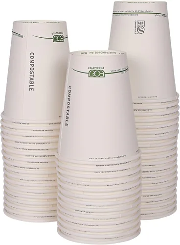 ECO PRODUCTS Tazas de café desechables compostables GreenStripe 8oz, caja de 50, taza de papel caliente blanca de una sola pared, forro PLA a base