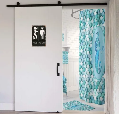 Miniatura 3 de Letrero náutico para baño, decoración temática de pirata y sirena para baños inspirados en la playa y el océano, divertido letrero de baño, 12 x 8