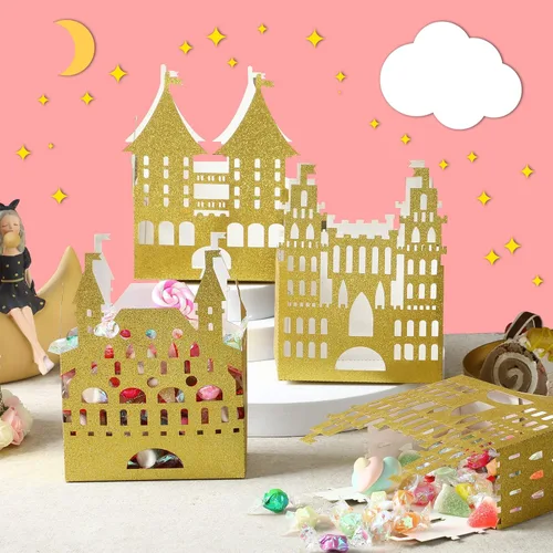 Miniatura 4 de Caja dorada de castillo de princesa de 24 piezas, decoración de fiesta de cumpleaños de princesa, centro de mesa de castillo dorado, suministros