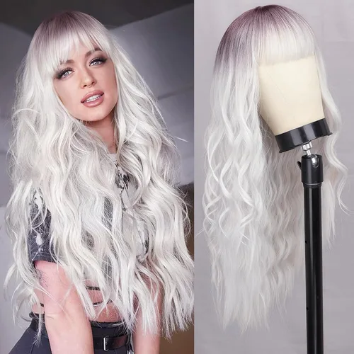 Miniatura 5 de ORSUNCER - Pelucas largas y onduladas con flequillo para mujer, peluca ombré, cabello sintético ondulado, para mujeres de piel oscura y blanca