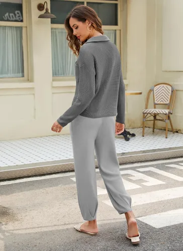 Miniatura 6 de softome Conjunto de 2 piezas para mujer, suéter de manga larga, con cremallera de 14, suéter de punto, pantalones casuales, conjunto de ropa