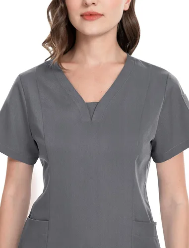 Miniatura 2 de niaahinn Conjunto de traje médico para mujer, moderno top con cuello en V y pantalones deportivos de pierna cónica con cordón de ajuste, conjunto
