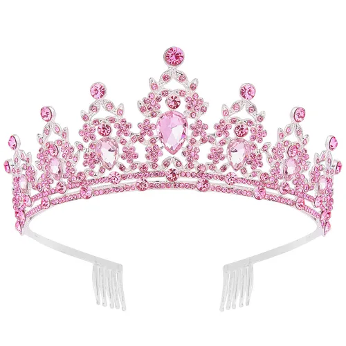 Didder Tiaras de cristal rosa para mujer, corona de princesa con peine, tiaras de boda y coronas para mujeres, tiaras para niñas, fiesta de 03 Rosa